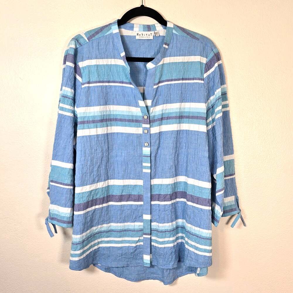 Habitat Blue White Striped Button Down Tunic Top Size XL Boho Lagenlook Coastal